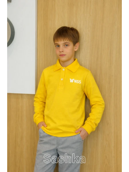 Поло для хлопчика з довгим рукавом жовте з логотипом школи NSS, розмір 116-188